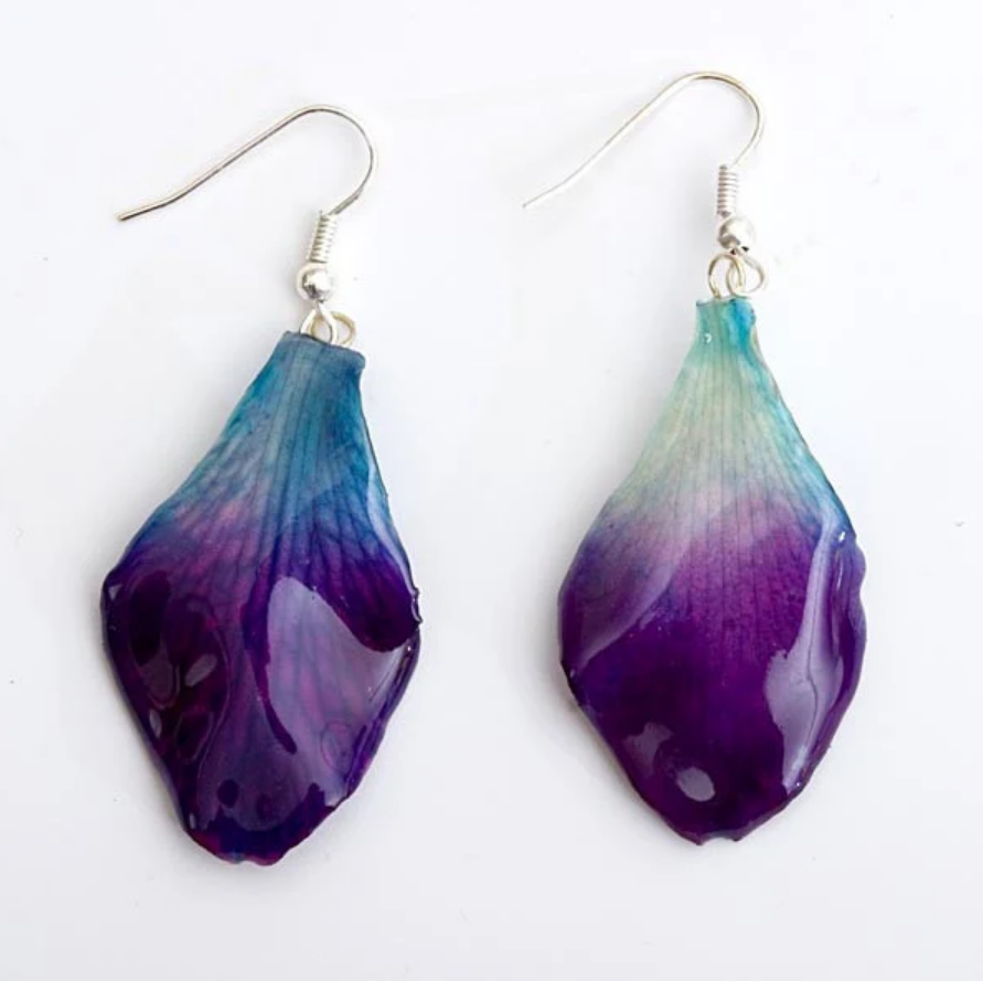 Dark Purple-Blue Dendrobium Orchid Petal Earrings - Medium