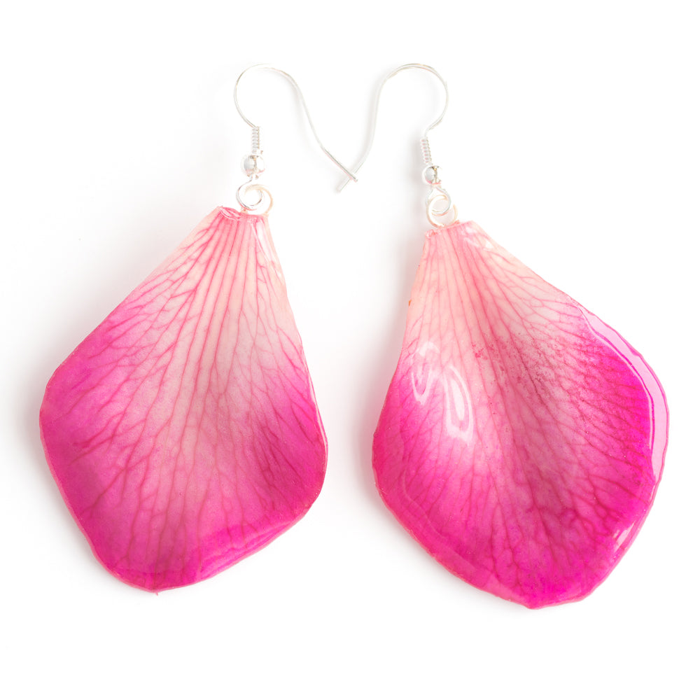 Pink Formosum Orchid Petal Earrings, Silver Hook - Medium